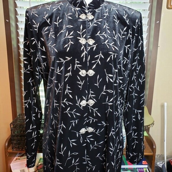 Elegant Vintage 90s Womens L Black Velvet with Silver Bamboo Dress Jacket - Picture 2 of 12